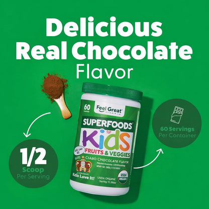 Feel Great USDA Organic Super Greens Powder for Kids – Cocoa Chocolate | Fruit and Vegetable Supplement with Probiotics & Digestive Enzymes