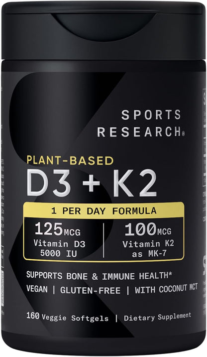 Sports Research Vitamin D3 K2 with 5000 IU of Plant-Based D3 & 100 mcg of Vitamin K2 as MK-7, Non-GMO Verified & Vegan Certified - 160 Liquid Soft gel capsule Capsules