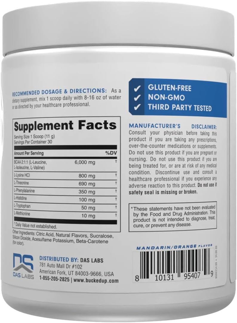 Bucked Up Essential Amino Acids - EAA Powder - Easy Mix, Non Clumping Formula - for Pre/Intra Workout - Mandarin Flavour - 30 Servings - 11.6 oz - görsel 4