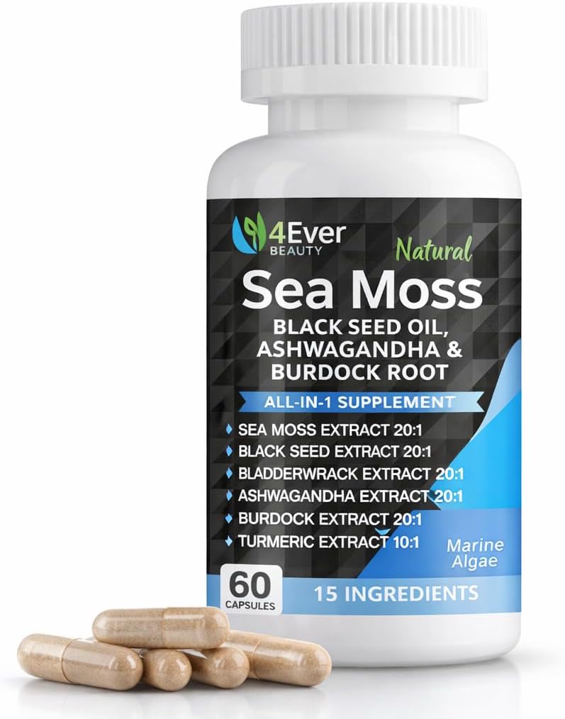 4Ever Beauty Sea Moss Capsules with Black Seed Oil & Ashwagandha – Daily Wellness & Vitality Formula, 60 Capsules - görsel 1