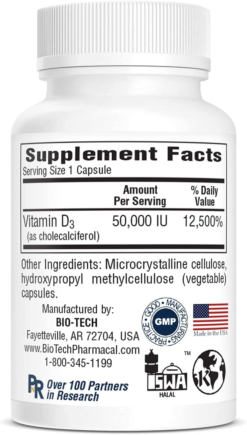 Bio-Tech Pharmacal D3-50 50,000 IU Vitamin D3 – 100 Vegetable Capsules - görsel 4