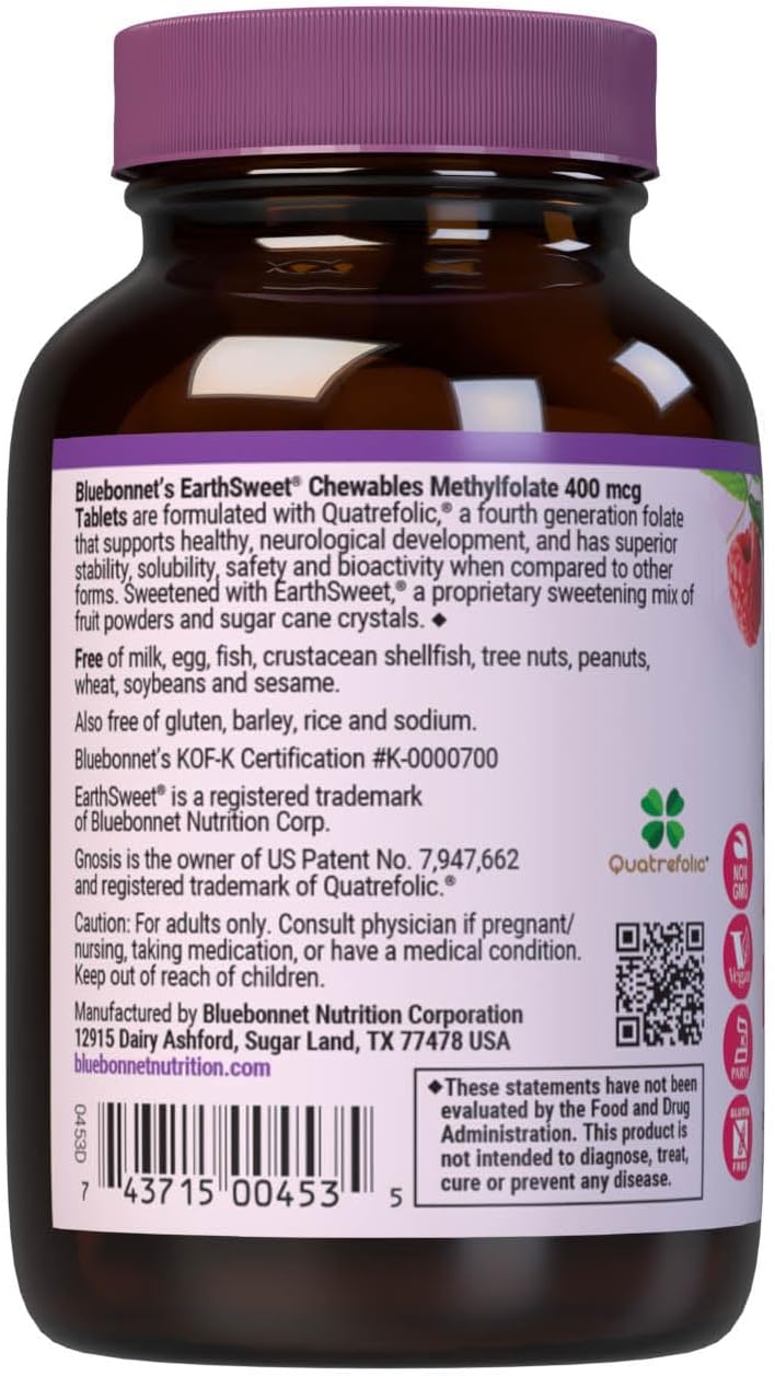 Bluebonnet EarthSweet Methylfolate 400 mcg Cellular Active Coenzyme 5-MTHF L-Methylfolate Supplement, Raspberry, 90 Chewable Tablets - görsel 3