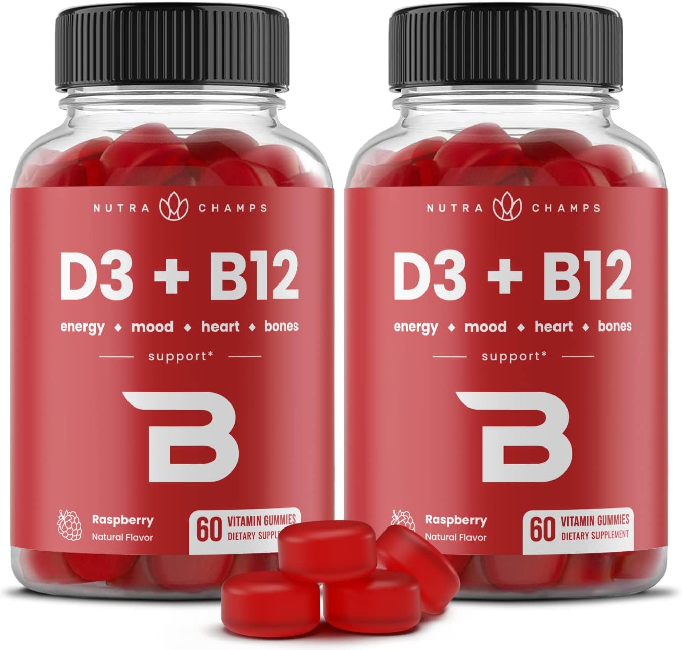 NutraChamps Vitamin D3 & B12 Gummies with Methyl B12 and Folate - For Energy, Mood & Immune Support - Raspberry, 60 Gummies - görsel 7