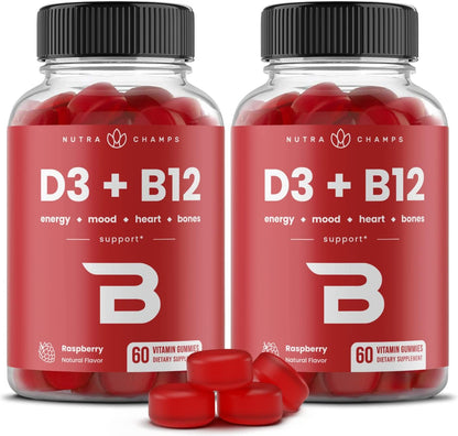 NutraChamps Vitamin D3 & B12 Gummies with Methyl B12 and Folate - For Energy, Mood & Immune Support - Raspberry, 60 Gummies
