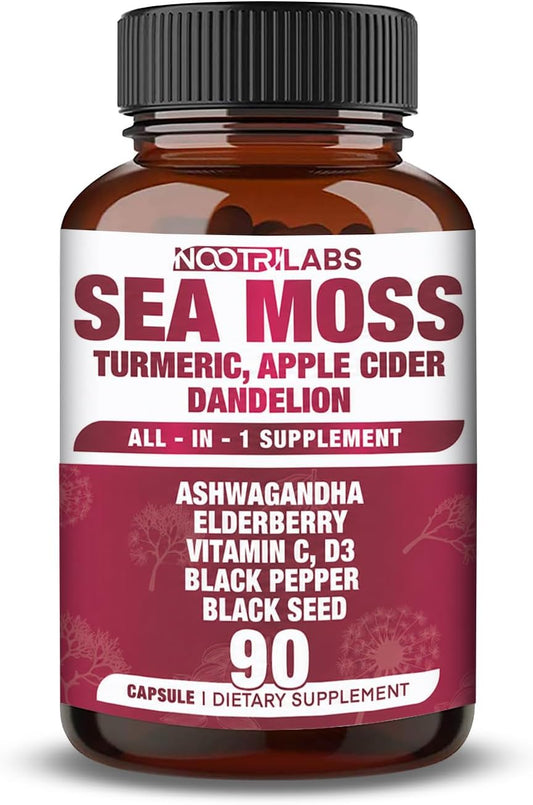 All-in-1 Highest Potency Sea Moss, Black Seed, Ashwagandha, Turmeric, Apple Cider Vinegar, Dandelion with Elderberry, Vitamin C and D3 – Immune and Energy Support Food Supplement (90 Vegan Capsules)
