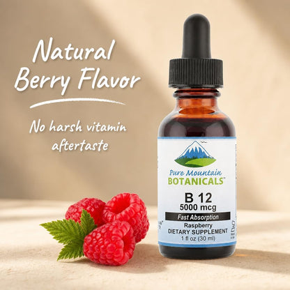 Pure Mountain Botanicals B12 5000 mcg Liquid Drops - Natural Berry Flavour - Vegan, Kosher B12 Supplement