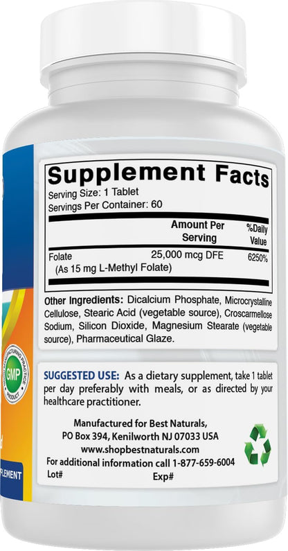 Best Naturals Methyl Folate 15000 mcg (15 mg) - Highly Bio-available 5-MTHF, 60 Tablets
