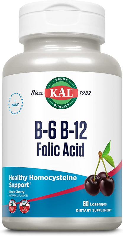 KAL Vitamin B-6, B-12, and Folic Acid Supplement - Methylcobalamin and Folate Lozenges - Natural Cherry - Gluten Free - 60 Servings