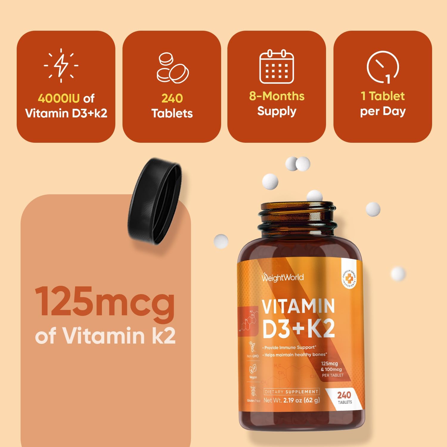 WeightWorld Vitamin D3 4000 IU + K2 (MK-7) 125mcg - 240 Tablets - görsel 6