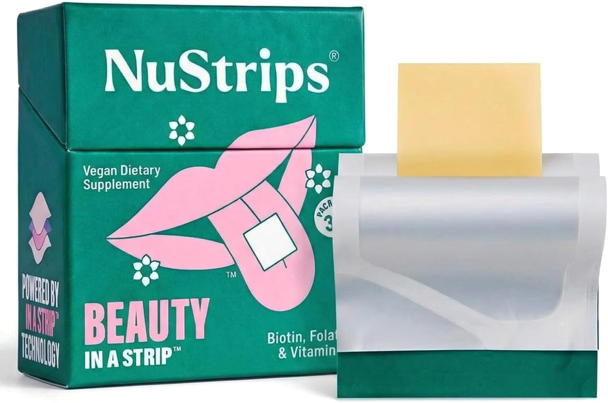 NuStrips Fast-Dissolving Beauty Strips with Biotin, Folate & Vitamin E – Hair, Skin & Nails Supplement – Vegan, Non-GMO – Strawberry Flavour (30 Strips) - görsel 1