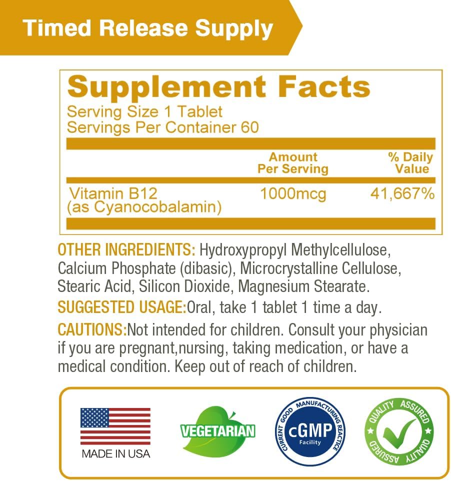 LOVITA Sustained-Release Vitamin B12 1000 mcg (Cyanocobalamin) – Timed Release, 60 Vegan Tablets for Brain & Nerve Health Support - görsel 5