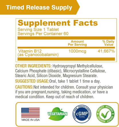 LOVITA Sustained-Release Vitamin B12 1000 mcg (Cyanocobalamin) – Timed Release, 60 Vegan Tablets for Brain & Nerve Health Support