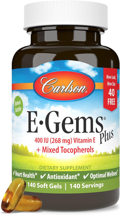Carlson - E-Gems Plus, 400 IU (268 mg), Natural-Source Vitamin E, Optimal Wellness, 140 Soft Gels