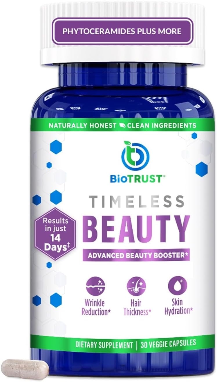 BioTrust Timeless Beauty Ceramide Booster – Hair and Skin Restoring Phytoceramides Supplement + Vitamin C, Vitamin E, Biotin, Zinc, Hyaluronic Acid – Potent Blend for Hair, Skin and Nails – 30 Capsules - görsel 1