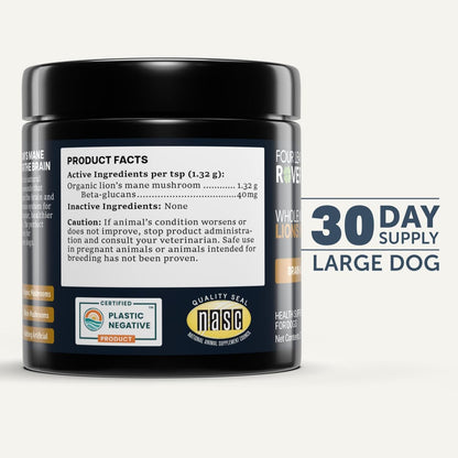 Lion's Mane Mushrooms for Dogs - Organic Whole Mushroom Supplement, Supports Brain and Nervous System, 60-Day Supply