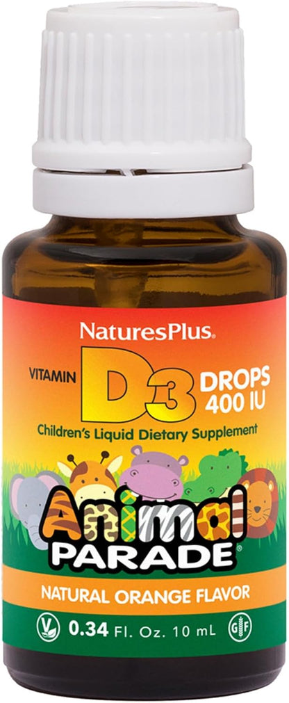 NaturesPlus Animal Parade Liquid Vitamin D3 Drops for Children – 400 IU, Orange Flavour, 10 mL – 365 Servings