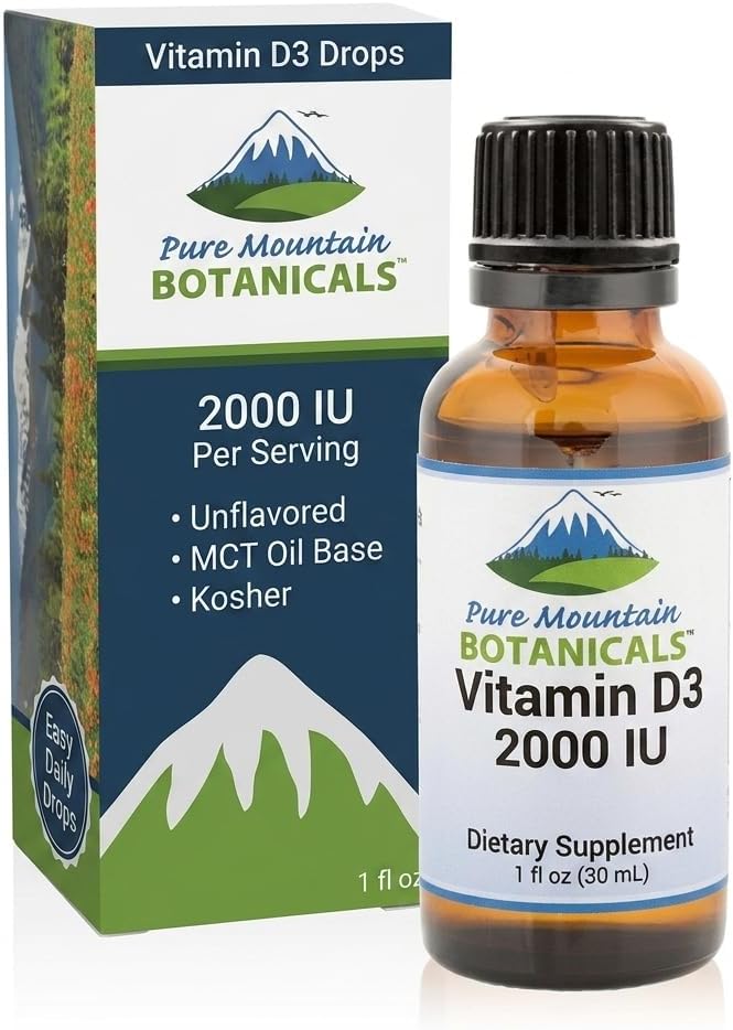 Pure Mountain Botanicals Liquid Vitamin D Drops - 2000 IU D3 in MCT Oil - Non-GMO, Kosher, 177 Servings - görsel 1