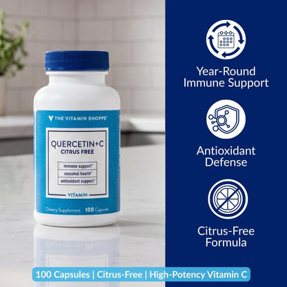 The Vitamin Shoppe Quercetin + C – Citrus Free – 1400mg Vitamin C & 500mg Quercetin – Immune Support – 100 Capsules