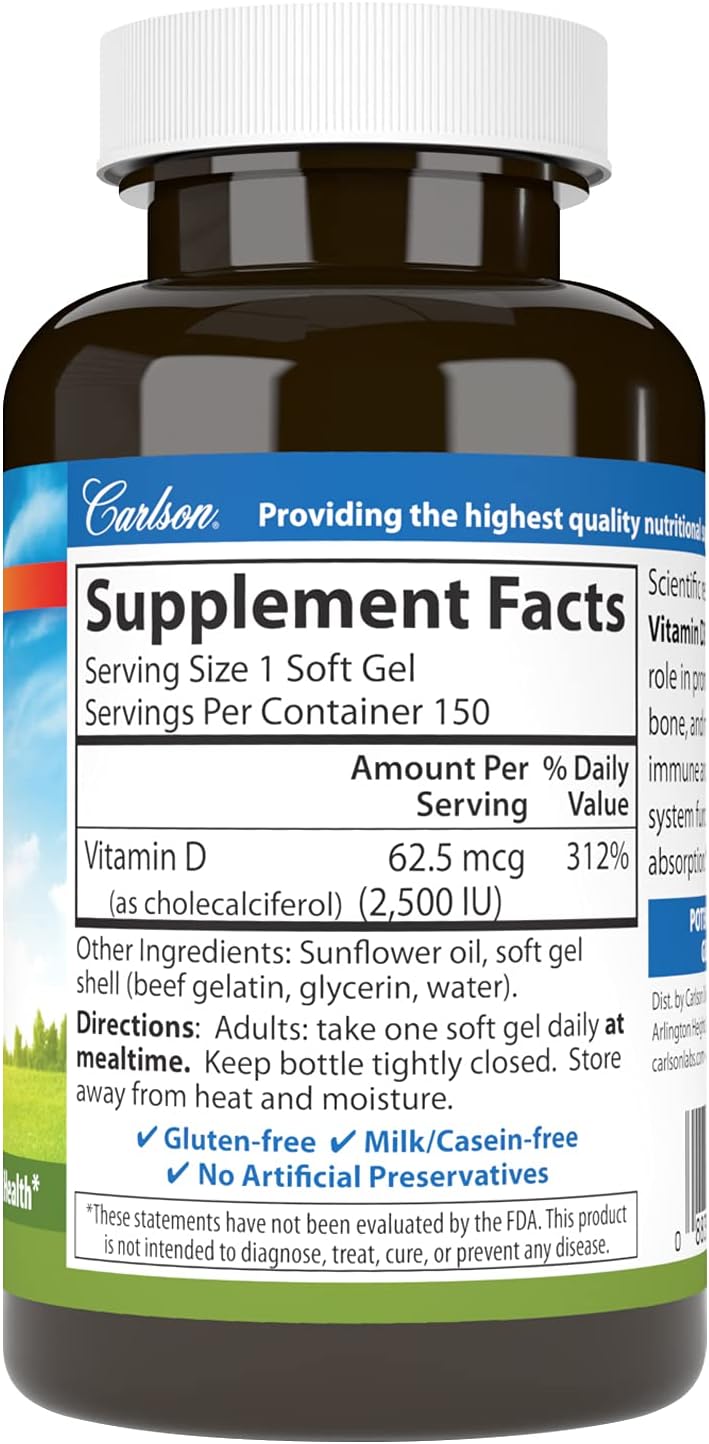 Carlson Vitamin D3 2500 IU (62.5 mcg) Soft Gel Capsules – 150 Capsules - görsel 2