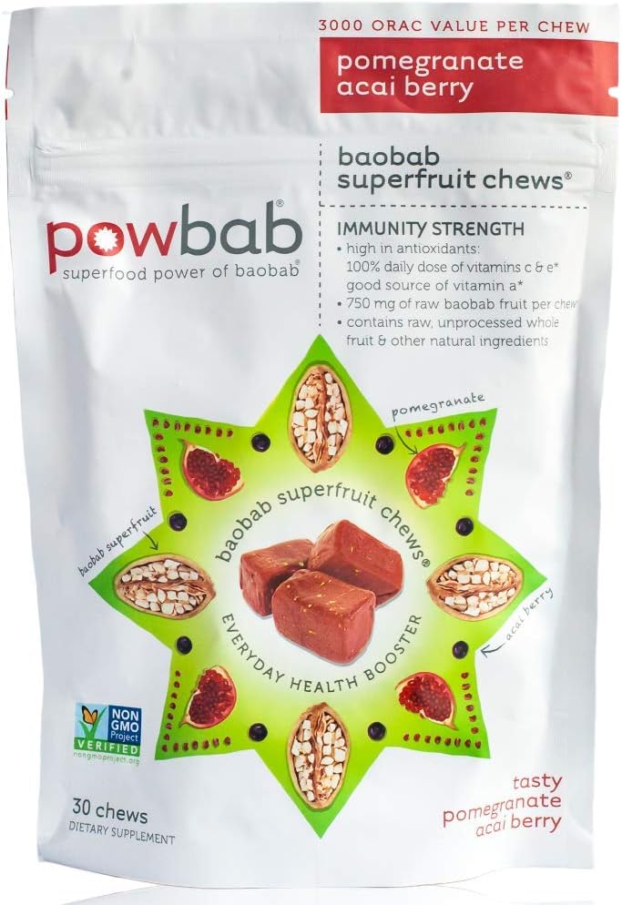 Powbab Baobab Superfruit Chews - 750mg Raw Baobab Powder, Organic, Immune Superfood, Antioxidant Blend with Acai & Pomegranate, Non-GMO, 30 Chews - görsel 1