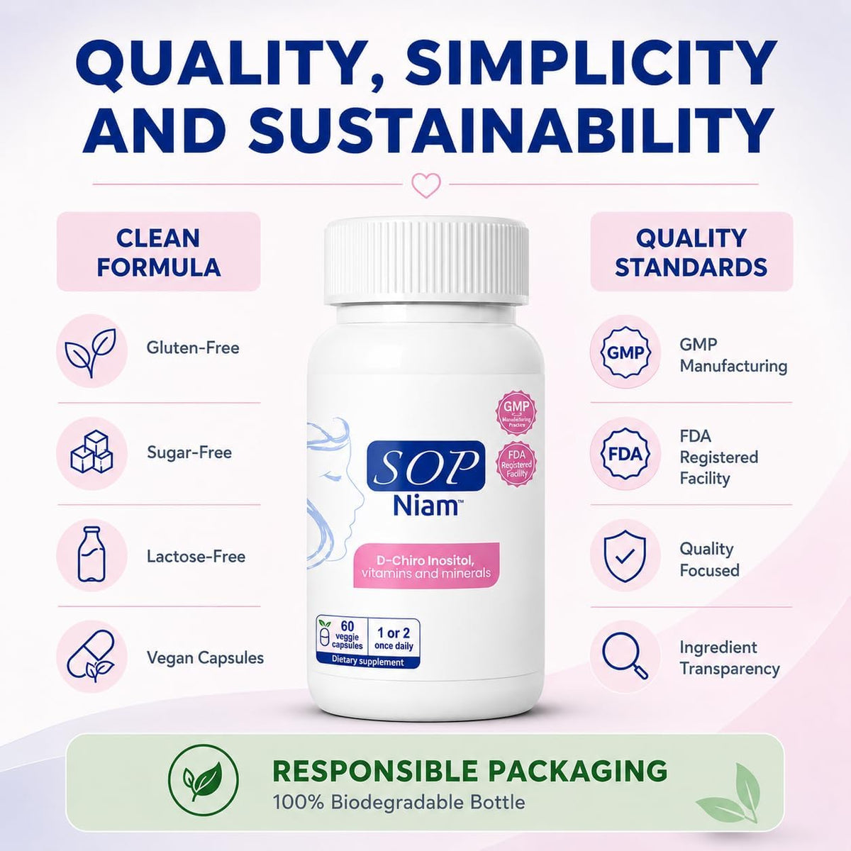SOP NIAM D-Chiro Inositol 500mg for Women with Folic Acid, Vitamin D3, B6, B12, Biotin - 60 Vegan Capsules - görsel 4
