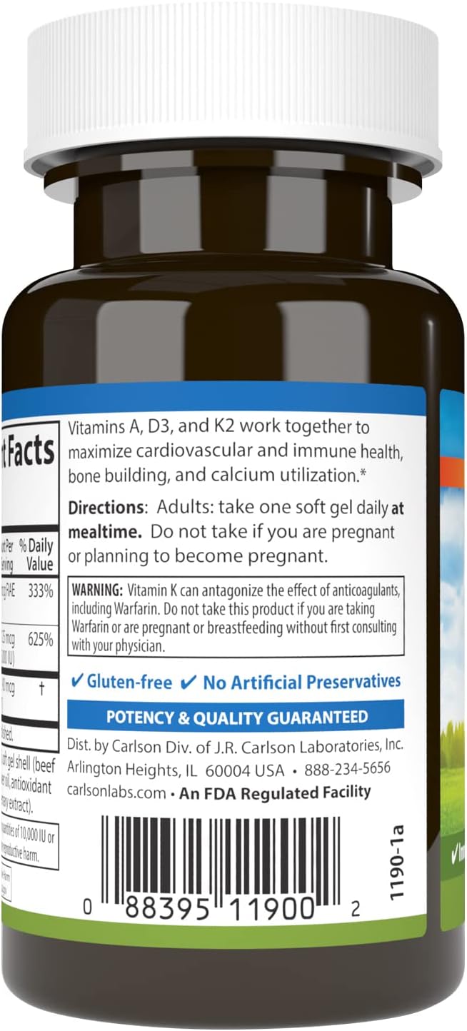 Carlson - Vitamins A, D3, K2 - 3000 mcg RAE Vitamin A, 125 mcg Vitamin D3, 90 mcg Vitamin K2 as MK-7 - 60 Softgels - görsel 3