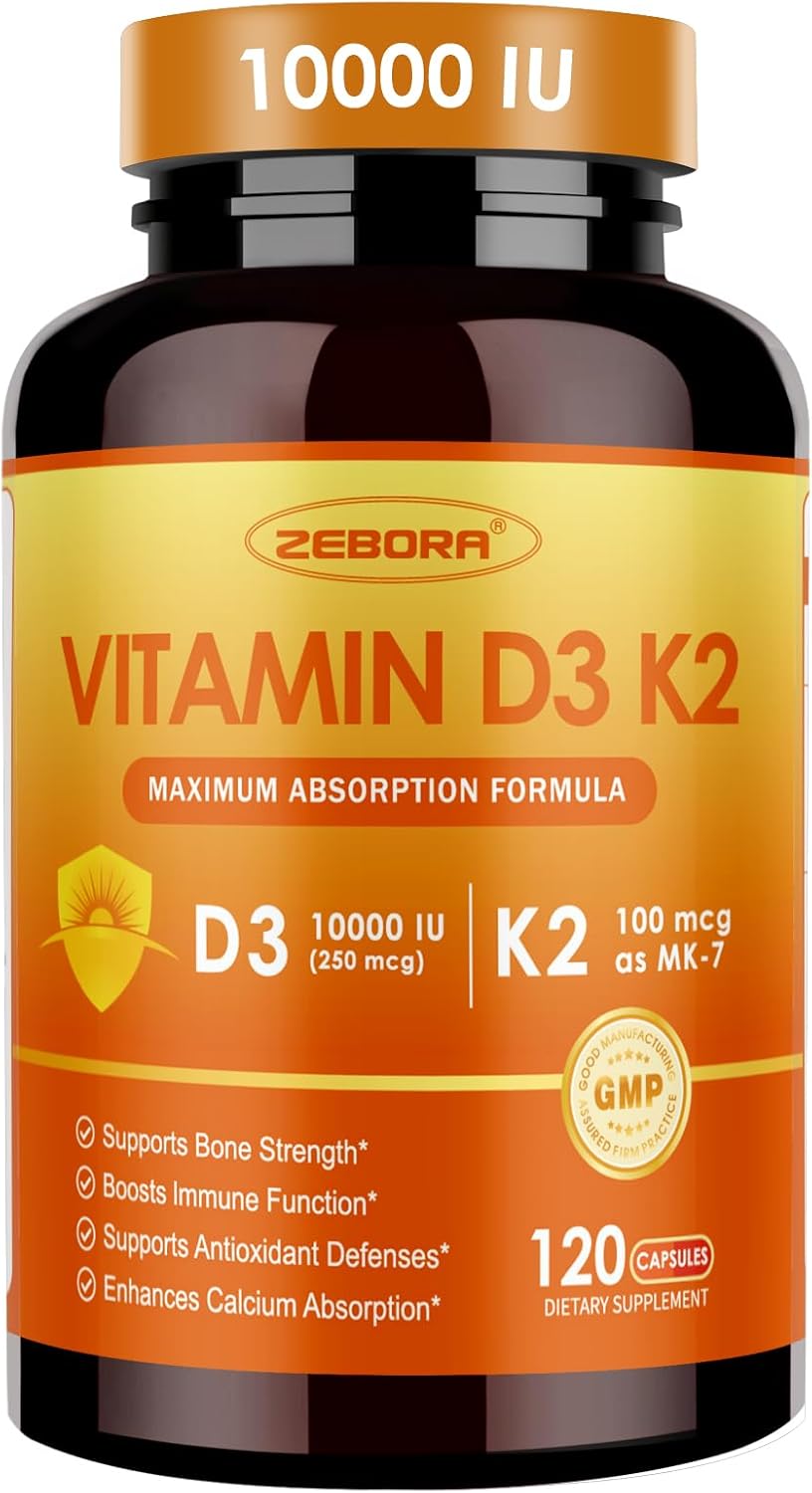 ZEBORA Vitamin D3 K2 10,000 IU + 100 µg K2 MK-7 – 120 Capsules - görsel 1