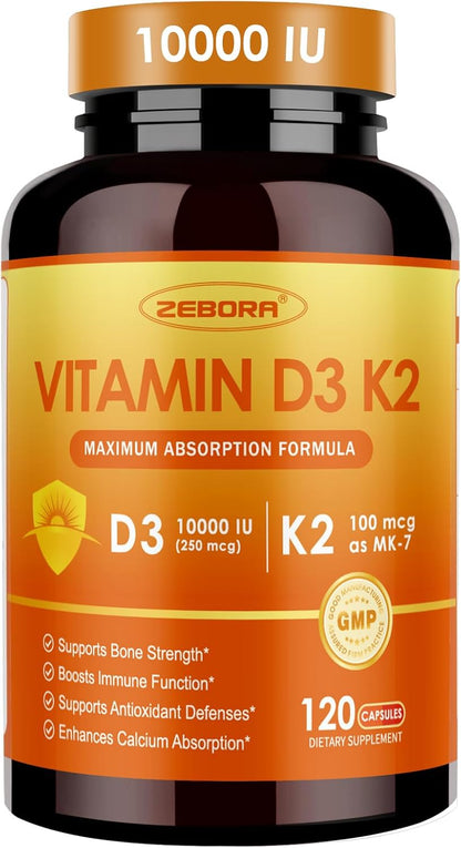 ZEBORA Vitamin D3 K2 10,000 IU + 100 µg K2 MK-7 – 120 Capsules