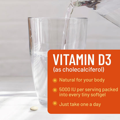Vitamin D-3 5000 IU (125 mcg) Per Serving Softgels - Extra Strength Vitamin D Dietary Supplement for Bone, Teeth, Muscle Health & Immune Support, Rapid Absorption, Bottled in USA, Gluten-free - 60 Count