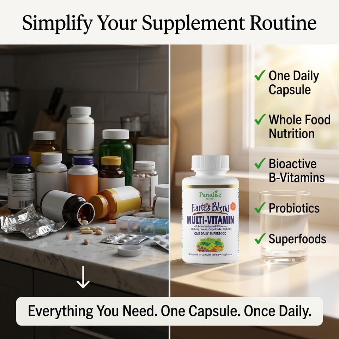 Paradise Herbs Earth's Blend Once Daily Multivitamin with Iron, 48 Organic Superfoods, Probiotics, Antioxidants, Vitamins A, B12, C, D, K2, Daily Superfood, 30 Capsules - görsel 6