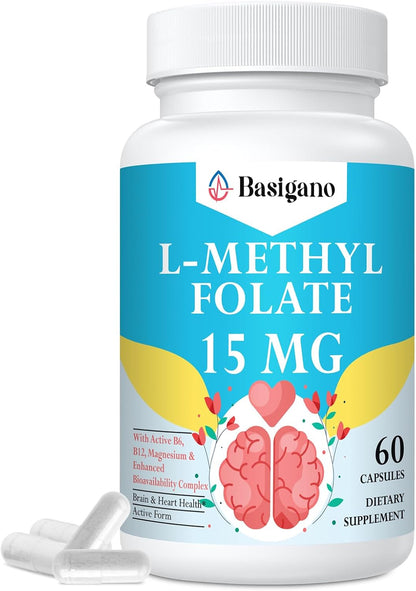 L-Methylfolate 15mg (5-MTHF) - Active Folic Acid with B6 and B12 - Vegan, Gluten-free, Dairy-Free