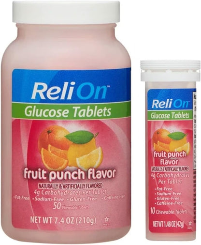 ReliOn Glucose, 50 Tablets with On-The-Go Tube, 10 Tablets (Fruit Punch)