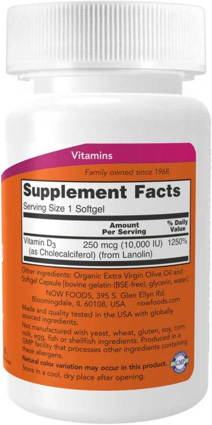 NOW Foods High Potency Vitamin D3, 10,000 IU, 120 Soft gel capsule Capsules, 2 Pack