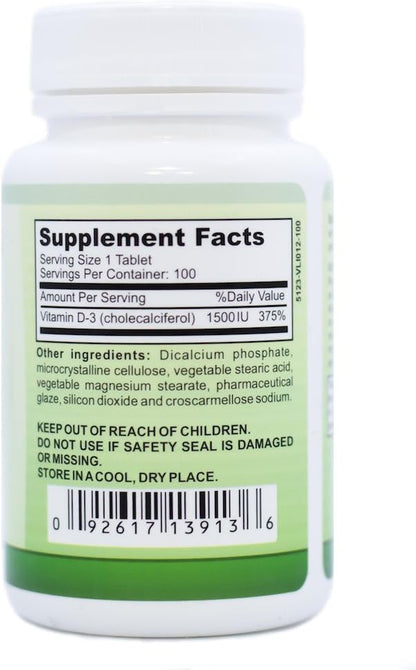 Vitamin D3, Vegan Vitamin D Supplement for Men & Women, 1500IU, 100 Easy-to-Swallow Capsules