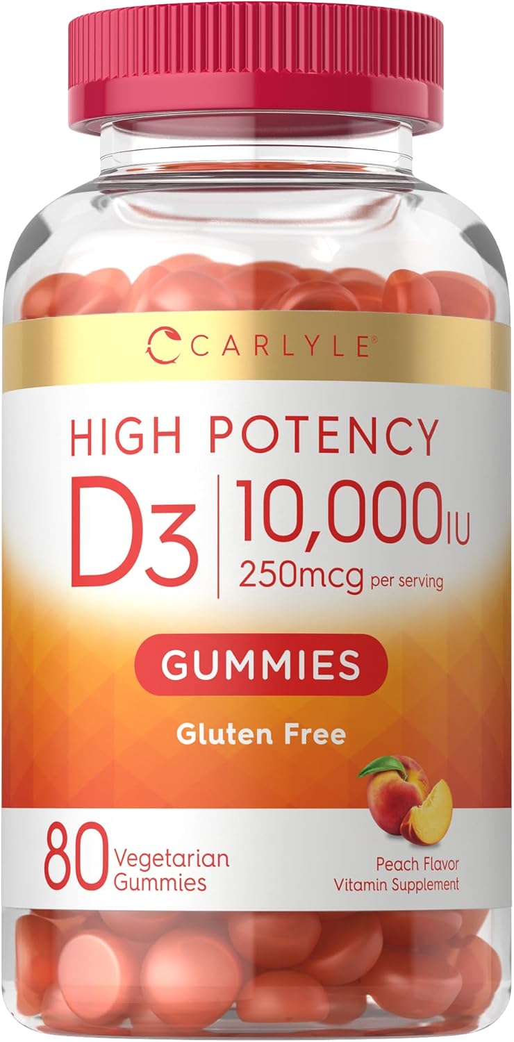 Carlyle Vitamin D3 10000 IU Gummies for Adults - 80 Count, Peach Flavoured, High Potency, Vegetarian, Non-GMO, Gluten-free - görsel 1