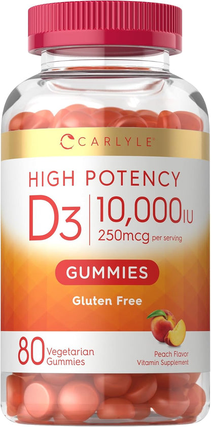 Carlyle Vitamin D3 10000 IU Gummies for Adults - 80 Count, Peach Flavoured, High Potency, Vegetarian, Non-GMO, Gluten-free