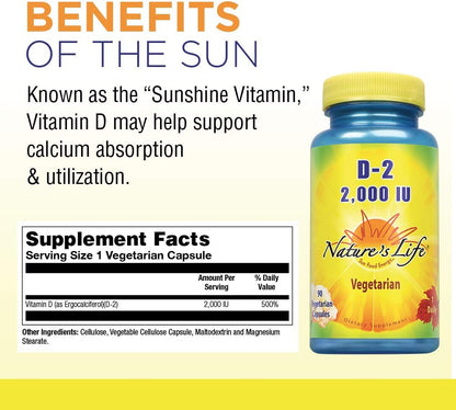 Nature's Life Vitamin D2 2000 IU – High Potency Ergocalciferol – 90 Vegetarian Capsules