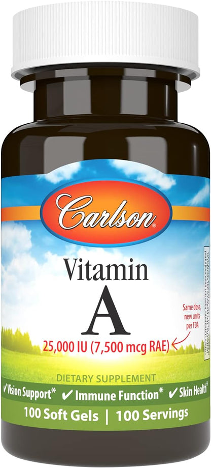 Carlson Vitamin A, 25000 IU (7500 µg), Vision and Skin Health, Immune Function, 100 Soft Gels
