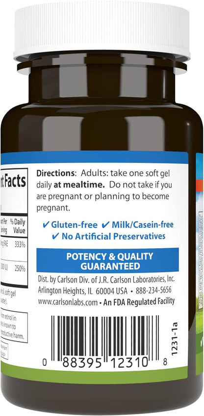 Carlson A & D, 10000 IU (3000 mcg RAE) Vitamin A & 5000 IU (125 mcg) Vitamin D3, Vision and Bone Support, 100 Softgels