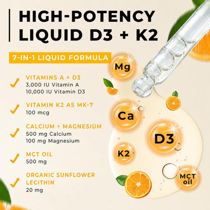 WELVIUM 7-in-1 Liquid Vitamin D3 K2 Magnesium Drops with 10,000 IU D3, MK-7, Vitamin A, Calcium, MCT Oil – Immune, Bone & Skin Support (30 Servings)