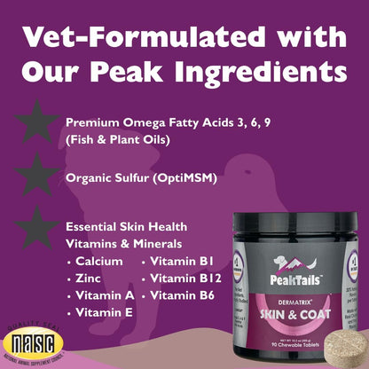 Kala Health PeakTails Skin & Coat Support for Dogs – 90 Chewable Tablets with MSM, Fish Oil, Omega-3 & Omega-6 – Helps Maintain Healthy Skin and a Shiny Coat