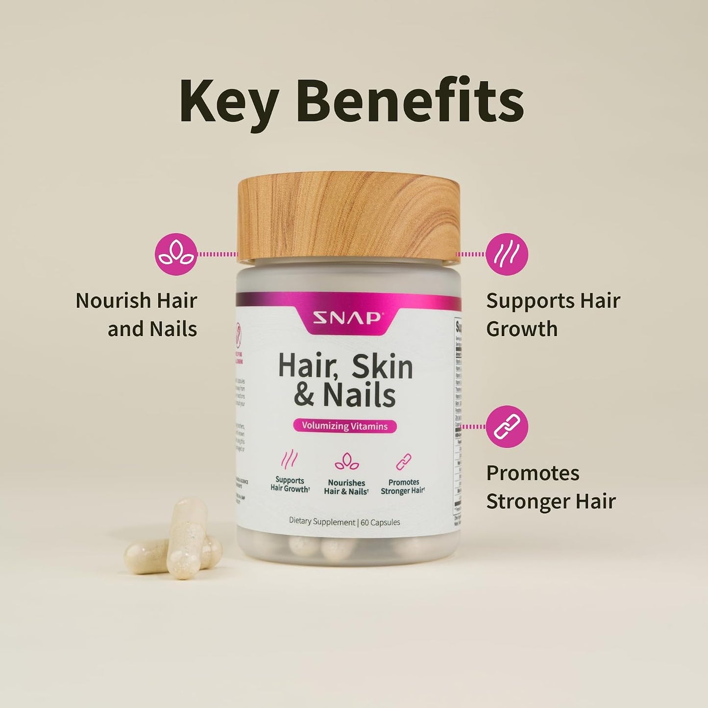 Snap Supplements Hair, Skin and Nails Vitamins with Biotin, Collagen, Kelp & Bamboo, 60 Capsules - görsel 5