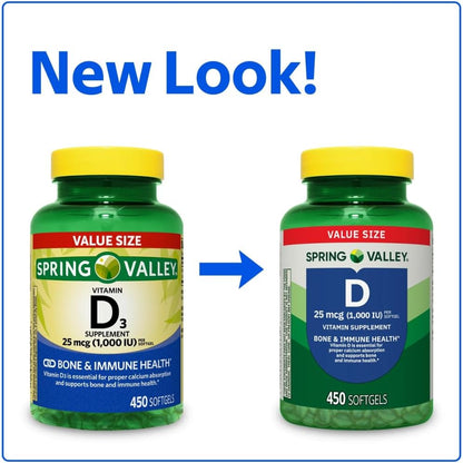 Spring Valley Vitamin D3 Supplement Soft gel capsules, 25 µg (1,000 IU), 450 Capsules
