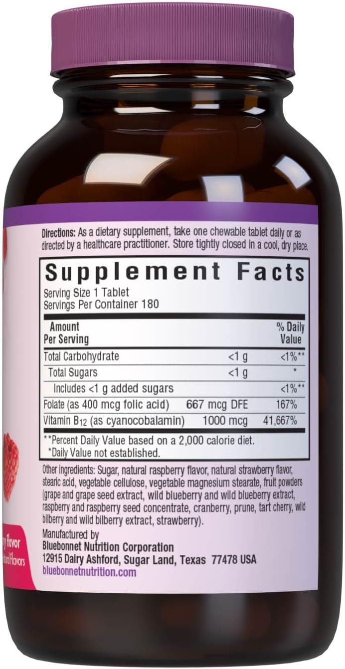 BlueBonnet Nutrition Earth Sweet Vitamin B12 1000mcg & Folic Acid 400mcg – Vegan, Gluten-Free Raspberry Chewable Tablets – 180 Count - görsel 6