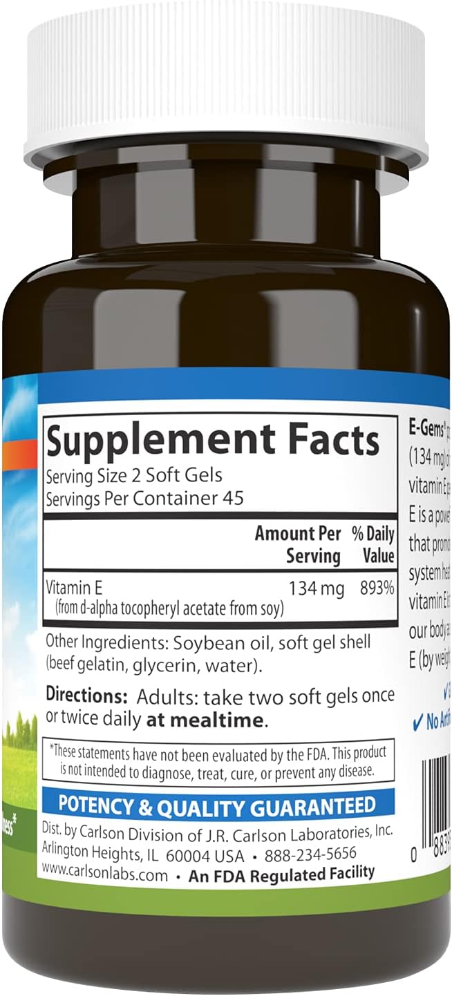 Carlson E-Gems 200 IU (134 mg), Natural-Source Vitamin E, for Overall Wellbeing, 90 Soft Gels - görsel 2