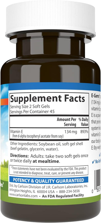 Carlson E-Gems 200 IU (134 mg), Natural-Source Vitamin E, for Overall Wellbeing, 90 Soft Gels