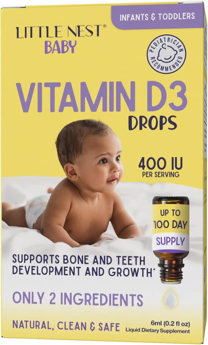 Little Nest Baby Vitamin D3 Drops – 400 IU per Dose, Natural for Infants & Toddlers, 100-Day Supply