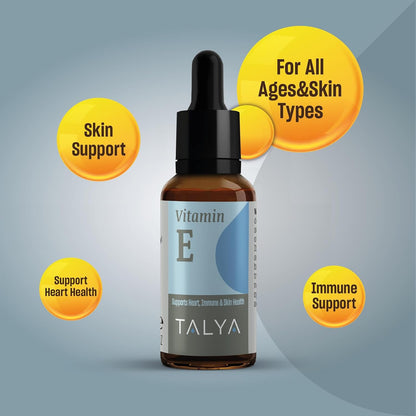 TALYA Vitamin E Liquid Drops 10 ml | Immune & Skin Health | for Scars | Glass Dropper Bottle | Vegan, Non-GMO, Supplement