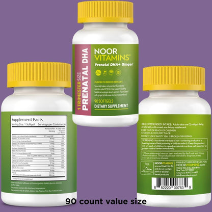 Noor Vitamins Halal Prenatal Vitamins with DHA and Folic Acid, Ginger, Iron, Soft gel capsules, 3 Months Supply