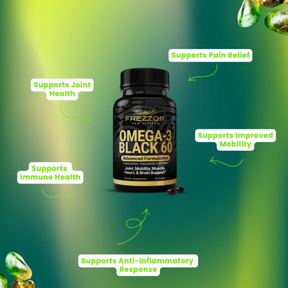 FREZZOR Omega 3 Black – New Zealand Green Lipped Mussel Oil Capsules for Joint Care & Comfort, 60 Soft gel capsule Capsules